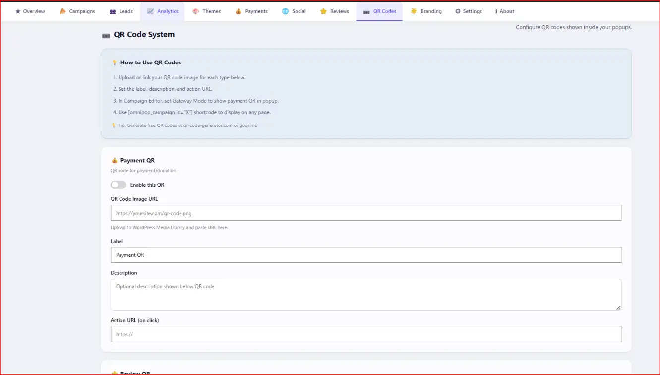 WordPress Popup Plugin payment gateway dashboard with PayPal, Stripe, Razorpay, PhonePe, Google Pay, BHIM, UPI, and donation campaign settings