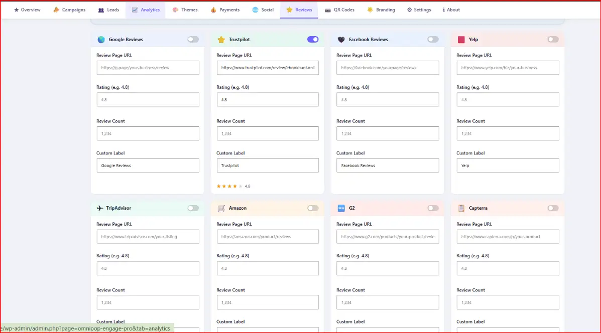 WordPress Popup Plugin review management dashboard showing Google Reviews, Trustpilot, Facebook Reviews, Yelp, Amazon, G2, Capterra, and TripAdvisor integration settings