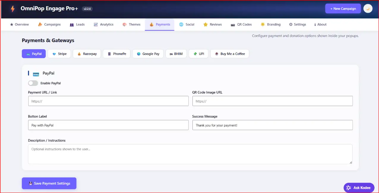 Payment Gateway Settings Dashboard for QR Checkout Configuration