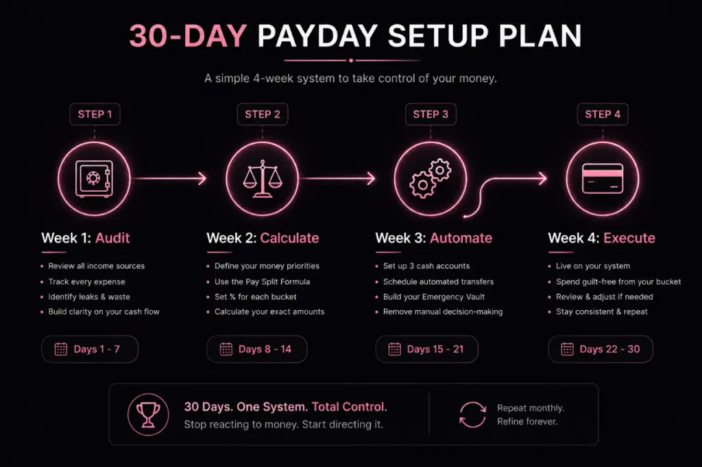 Clear process map illustrating the 30-day journey from auditing cash to setting up automated bank partitions.