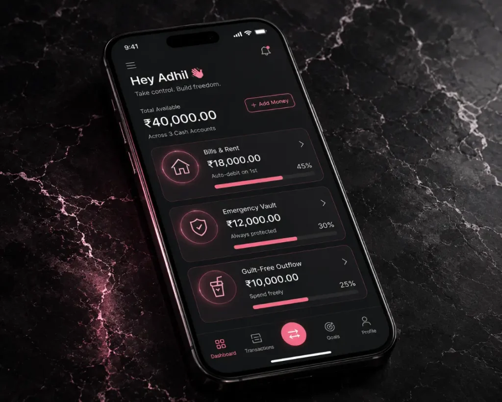 Modern mobile banking UI showing separate balance cards for Fixed Rent, Safety Buffer, and Weekly Leisure.