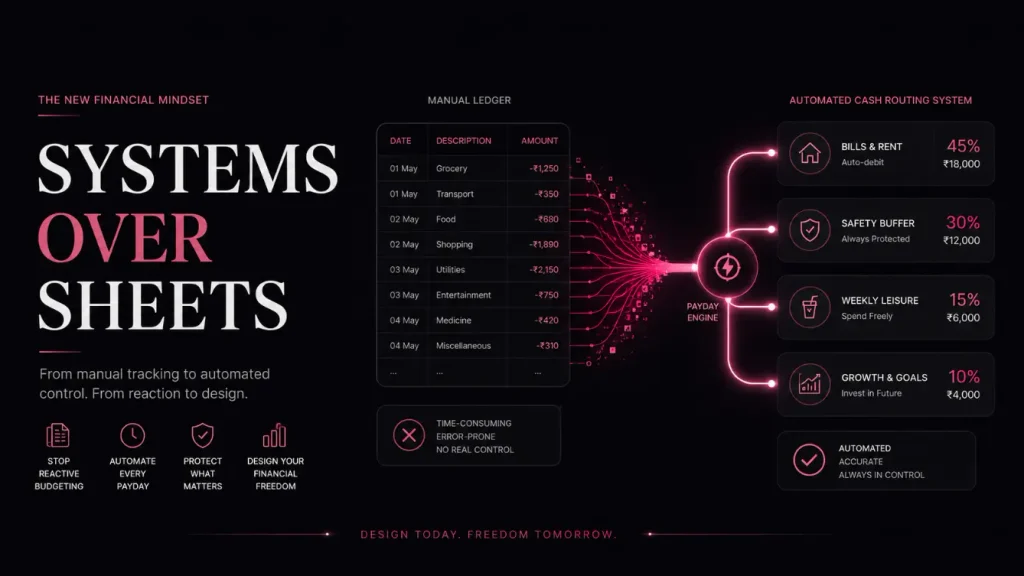 Minimalist dark fintech graphic comparing manual expense sheets with automated salary partition pipelines.