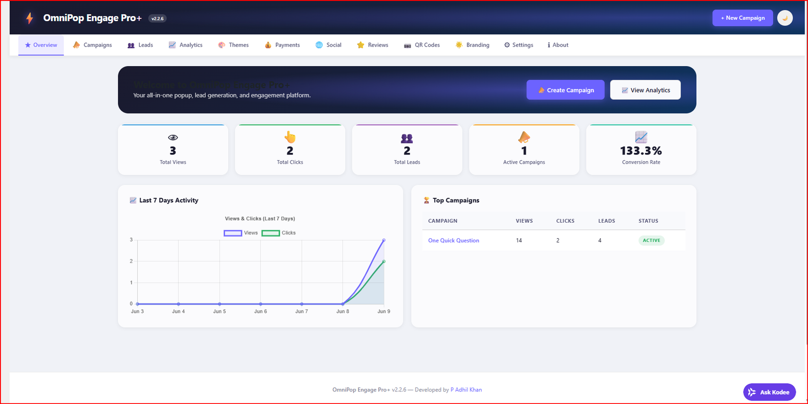 OmniPop Engage Pro dark UI dashboard showing WordPress Popup Plugin settings.