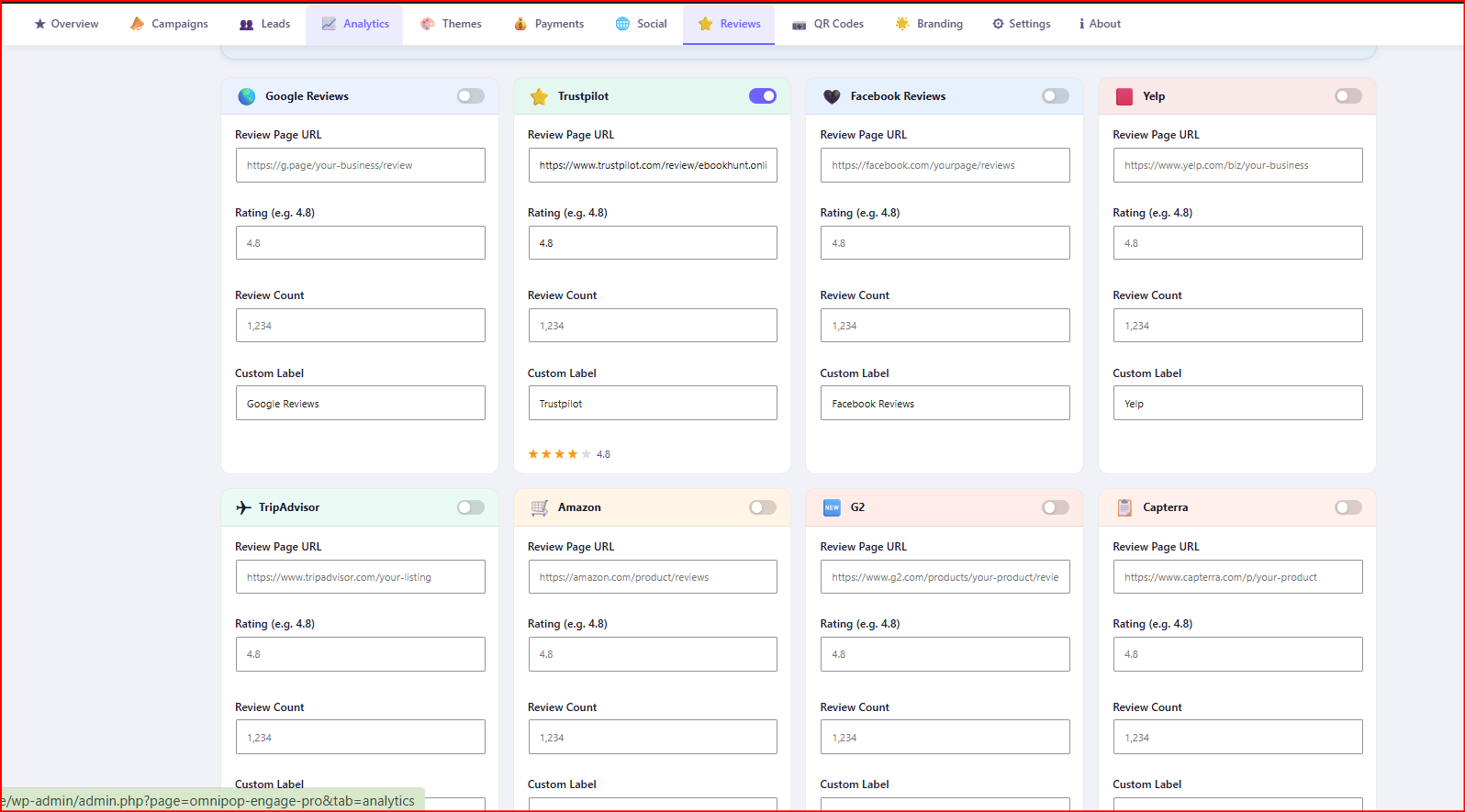 WordPress Popup Plugin review management dashboard showing Google Reviews, Trustpilot, Facebook Reviews, Yelp, Amazon, G2, Capterra, and TripAdvisor integration settings