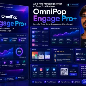 WordPress Popup Plugin OmniPop Engage Pro+ dashboard showing lead generation, analytics, reviews, QR codes, payments, and social growth tools