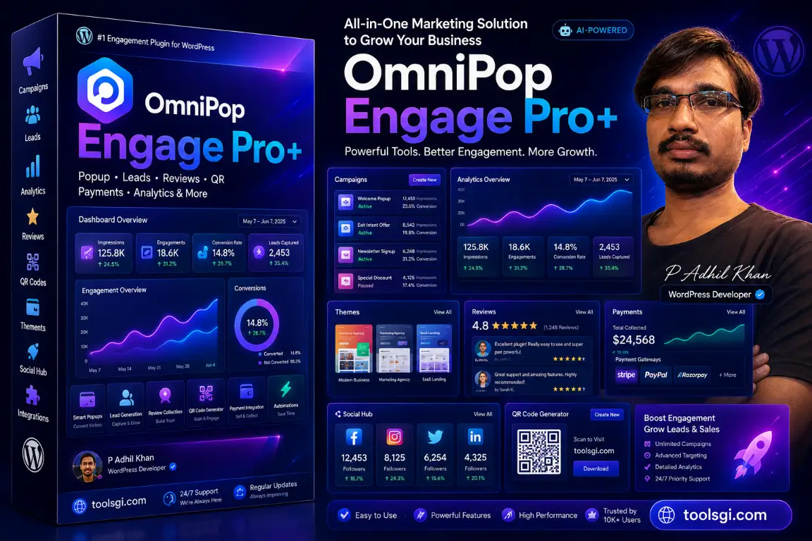 WordPress Popup Plugin OmniPop Engage Pro+ dashboard showing lead generation, analytics, reviews, QR codes, payments, and social growth tools