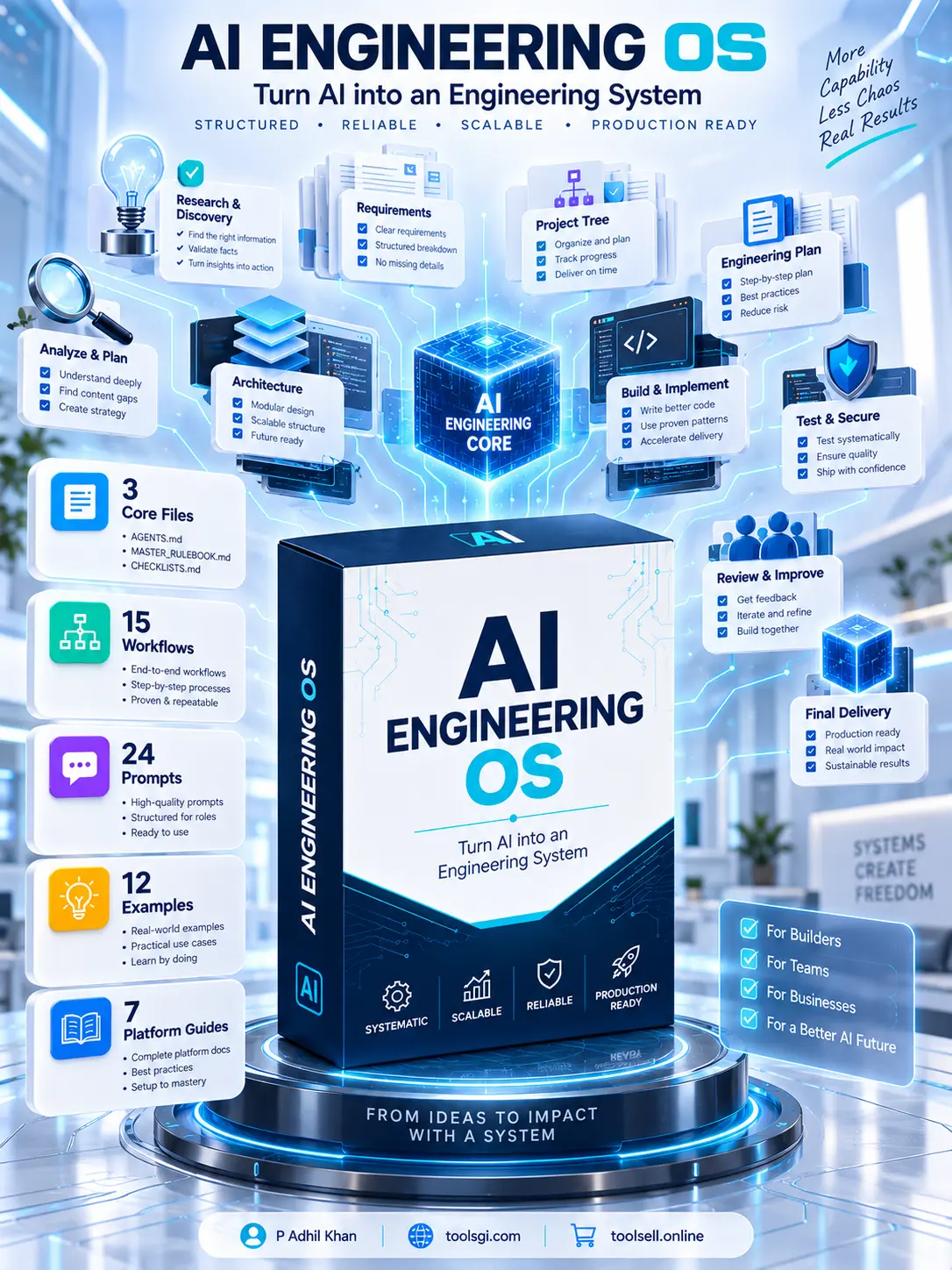 AI Engineering OS 3D box kit — 7-stage engineering methodology by P Adhil Khan